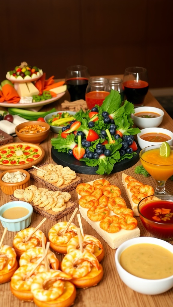 An assortment of appetizers including vegetable platters, cheese boards, and cocktail shrimp on a rustic wooden table.
